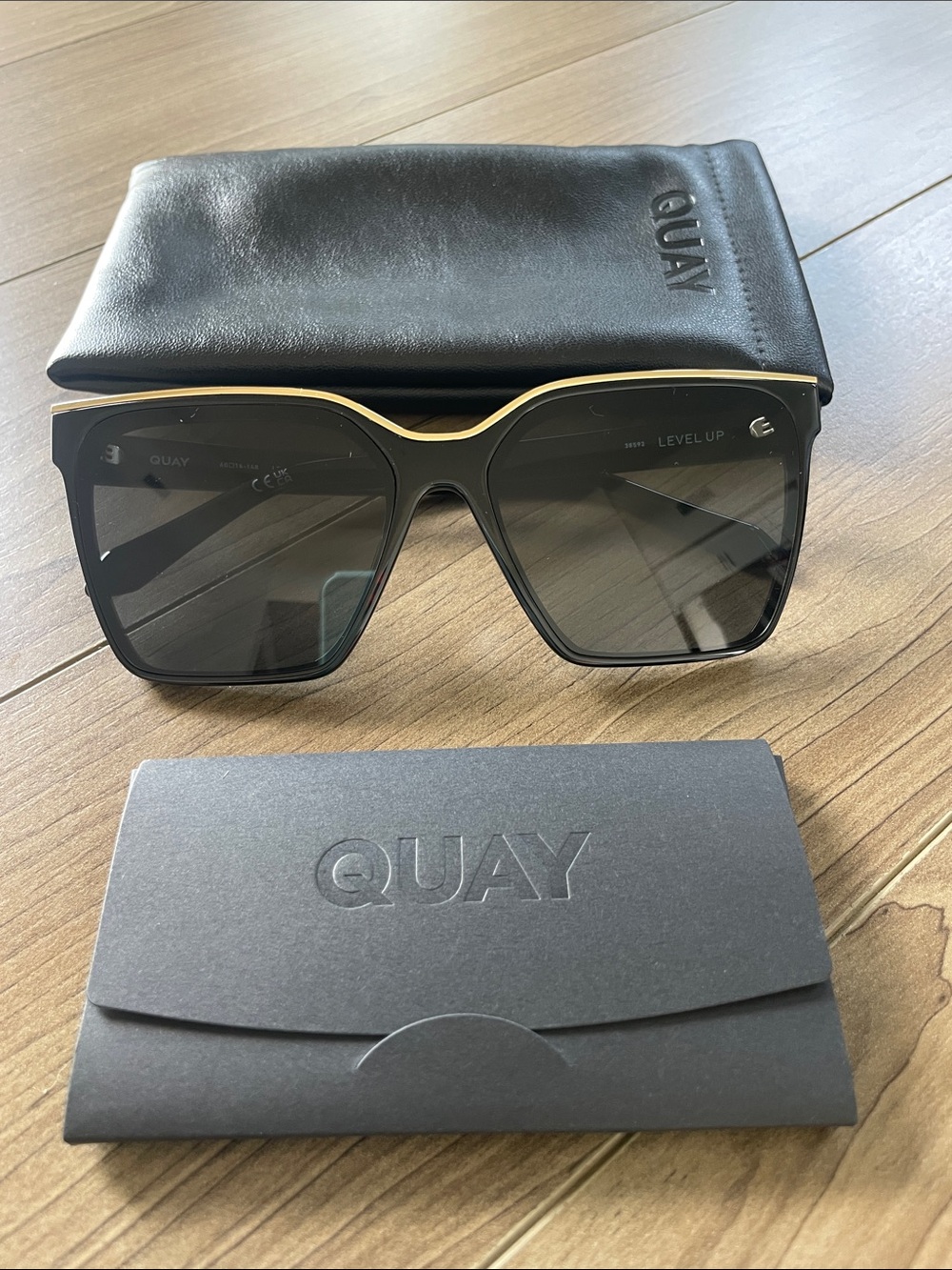 Quay Australia Black/Gold “Level Up”Square Sunglasses
